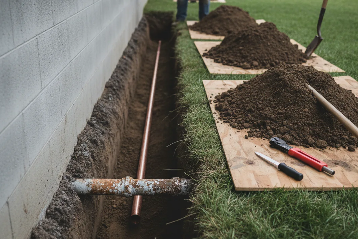 Excavated water line trench during Water Heater Repair in Young America